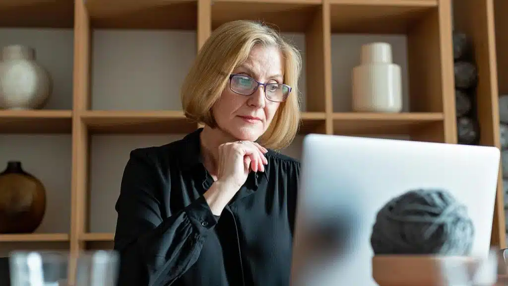 A woman wearing glasses looks at a laptop with her hand resting under her chin.