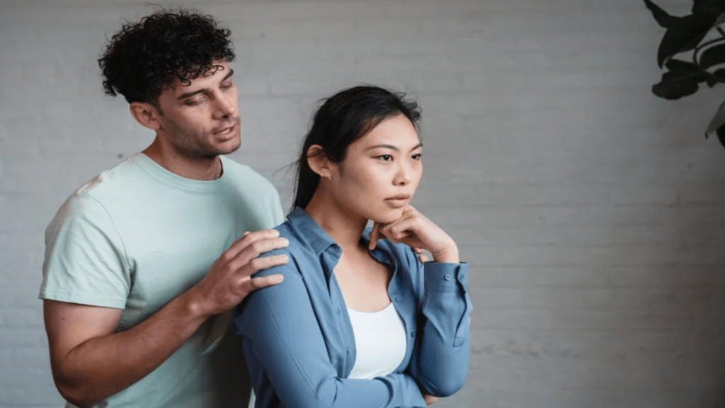 A man trying to talk to his upset wife