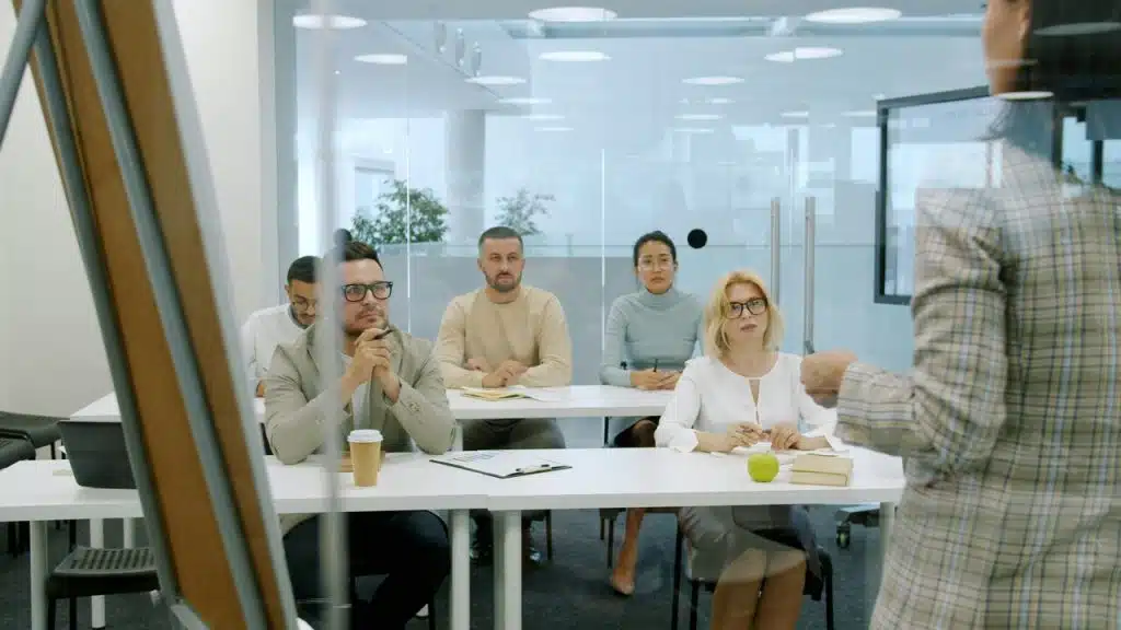 A woman presenting at a business meeting