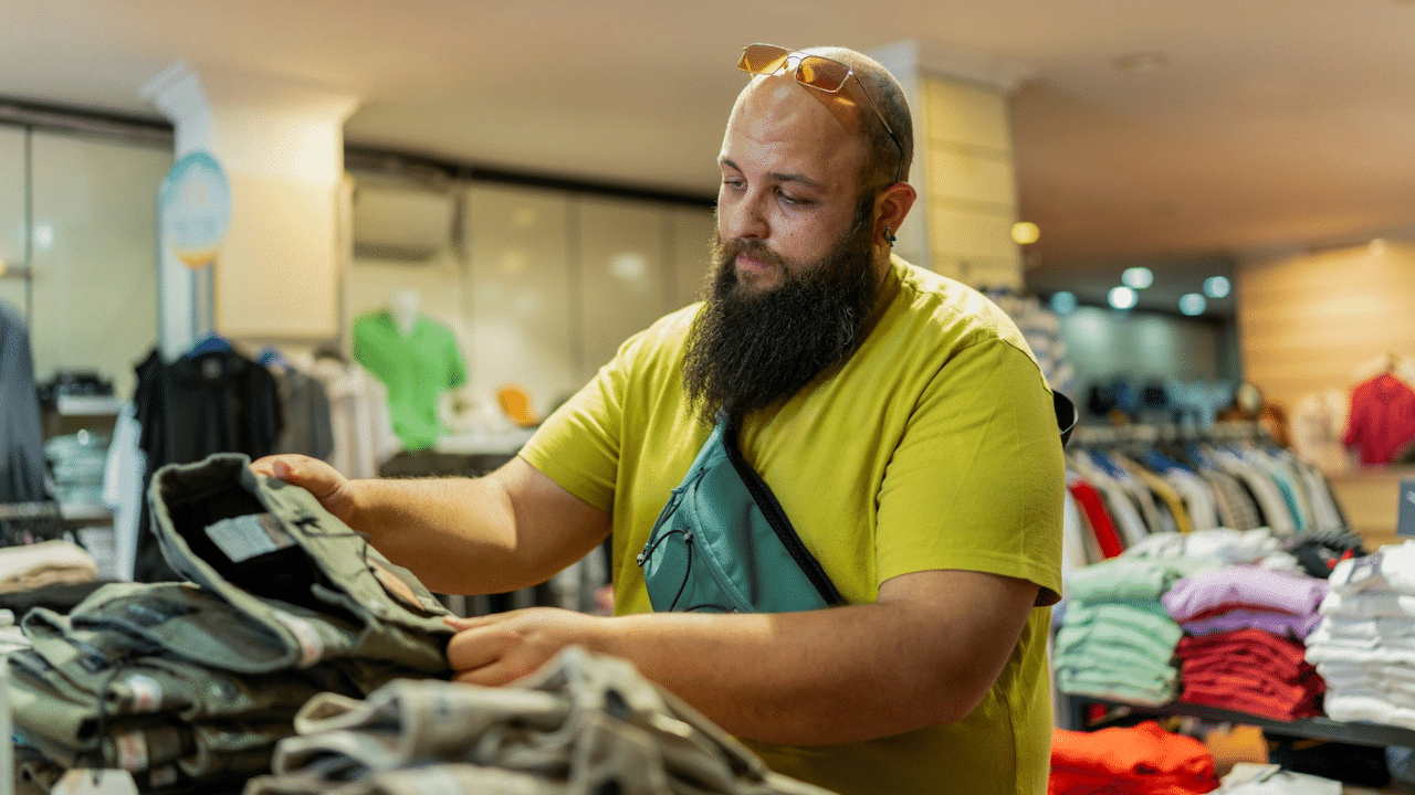 A bearded man in a yellow shirt is looking at clothes stacked on a table in a store.