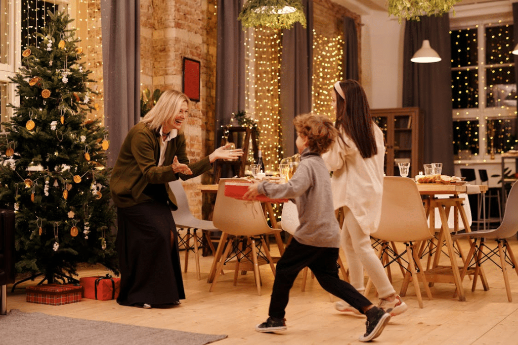 Two kids giving presents