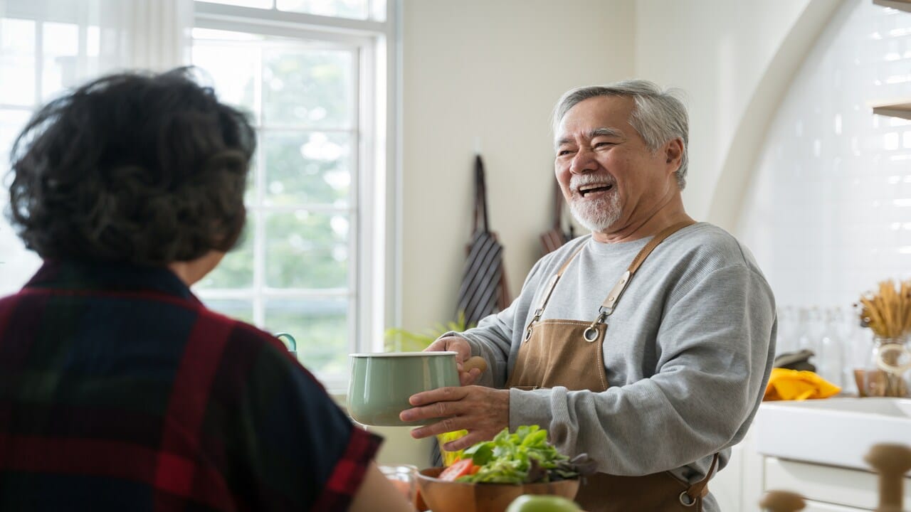 A couple laughing together in the kitchen 