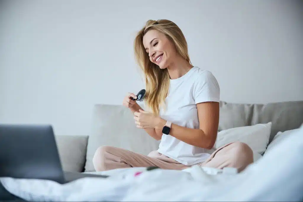 A woman having a video call moment with her friends