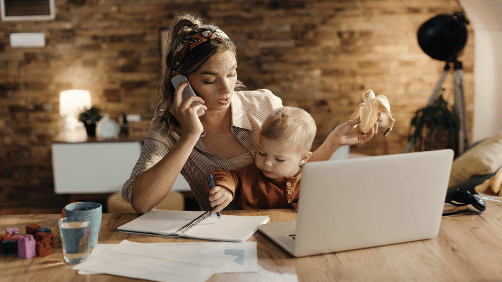 A mom multi-tasking at home