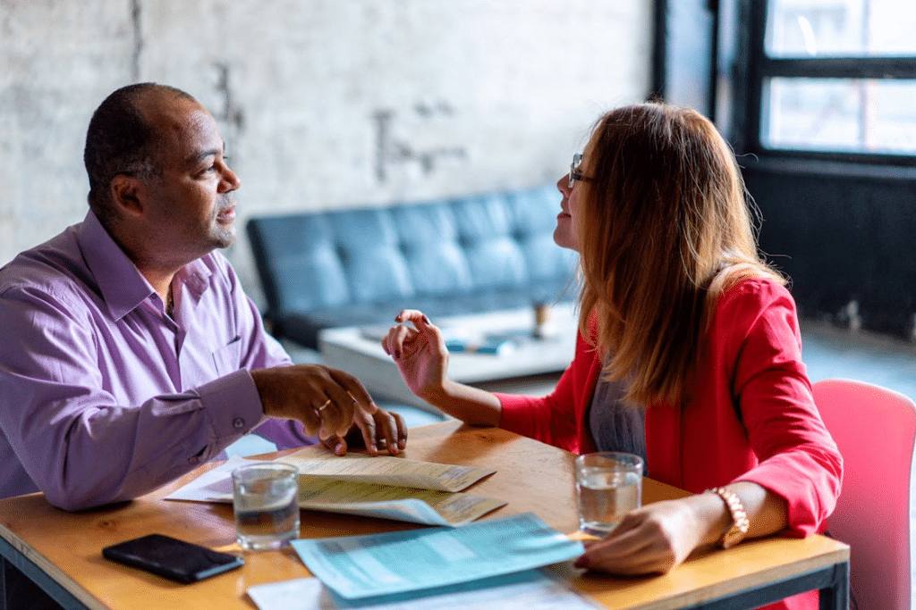 A man and woman talking