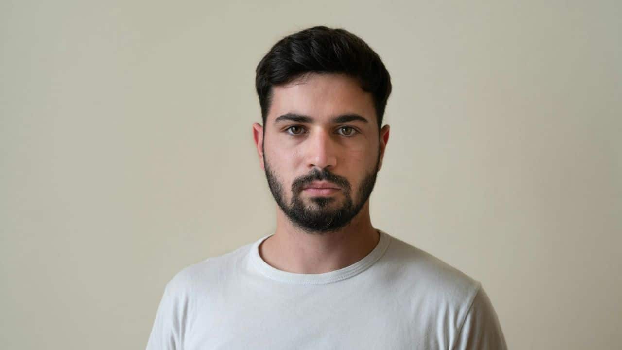 Man with dark hair and a beard wearing a white shirt, looking directly at the camera.