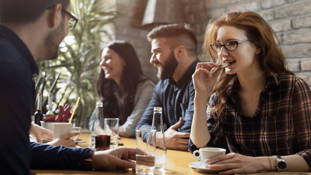 Friends talking at a restaurant