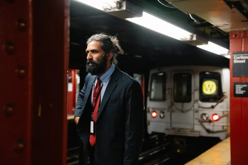 Man in Suit beside Locomotive Train