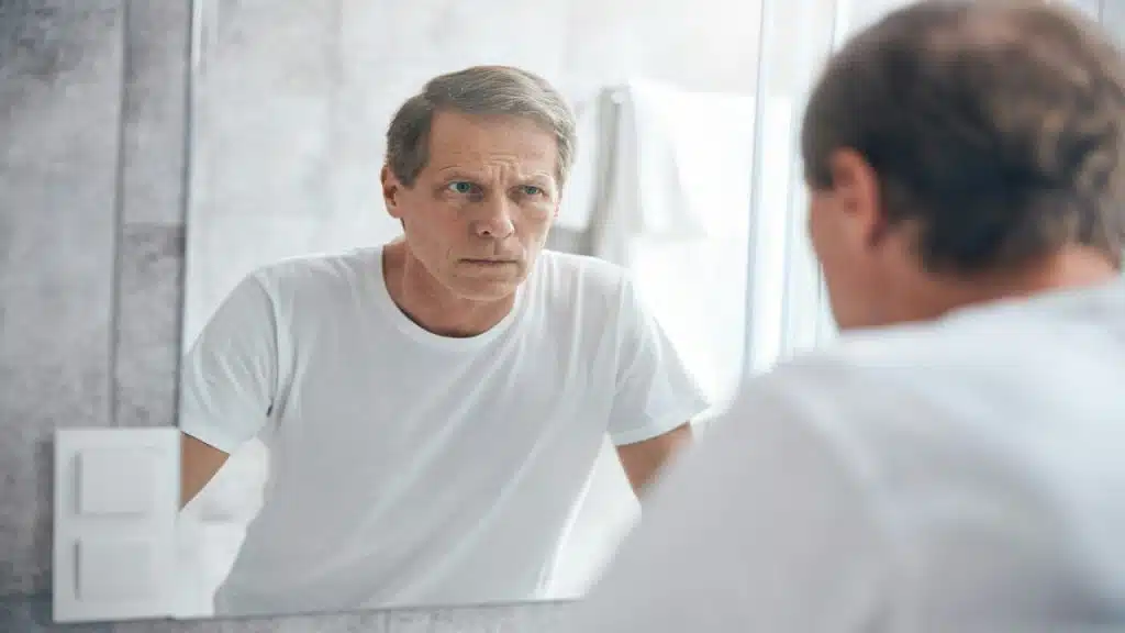 A man looking at himself in the mirror