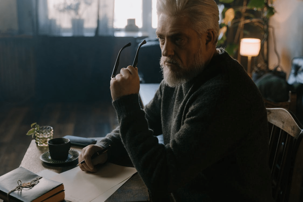 An Elderly Man in Gray Sweater Holding an Eyeglasses while Looking Afar