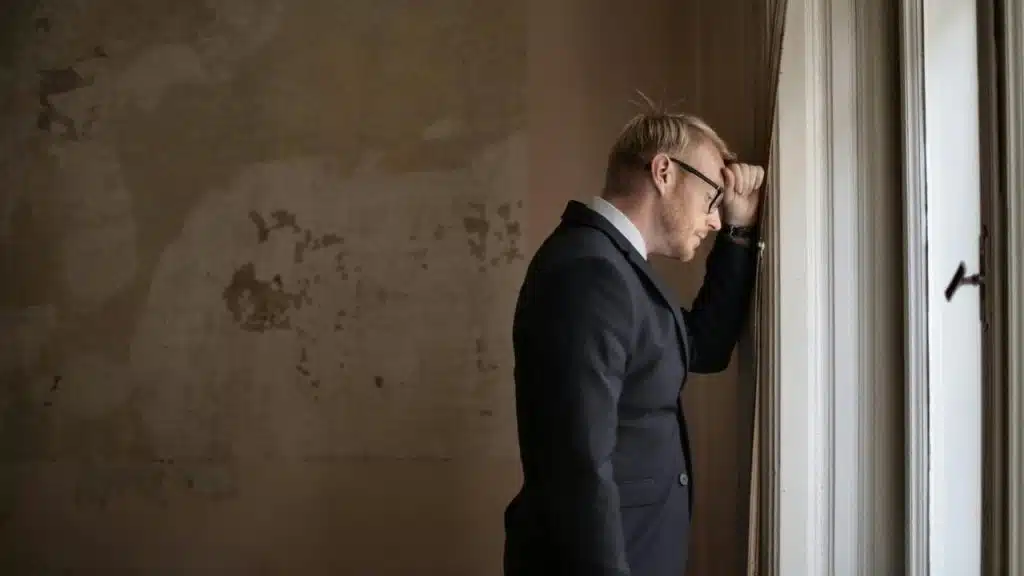 A man in a suit leaning against a window looking distressed.