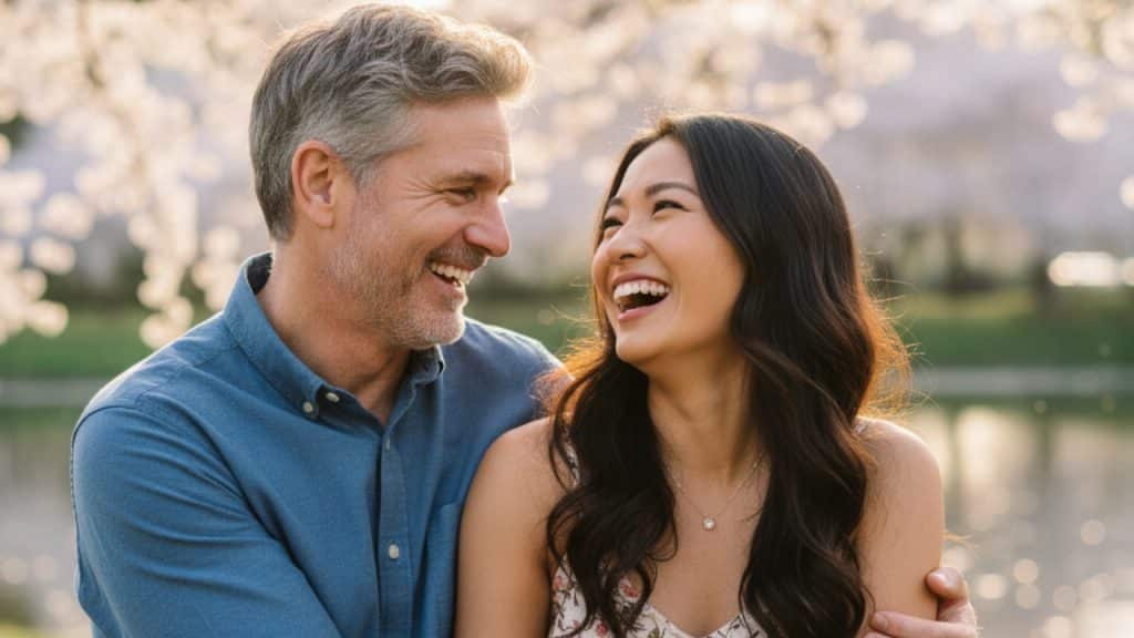 Happy interracial couple, a man in his 50s and an Asian woman in her 30s, embracing outdoors.
