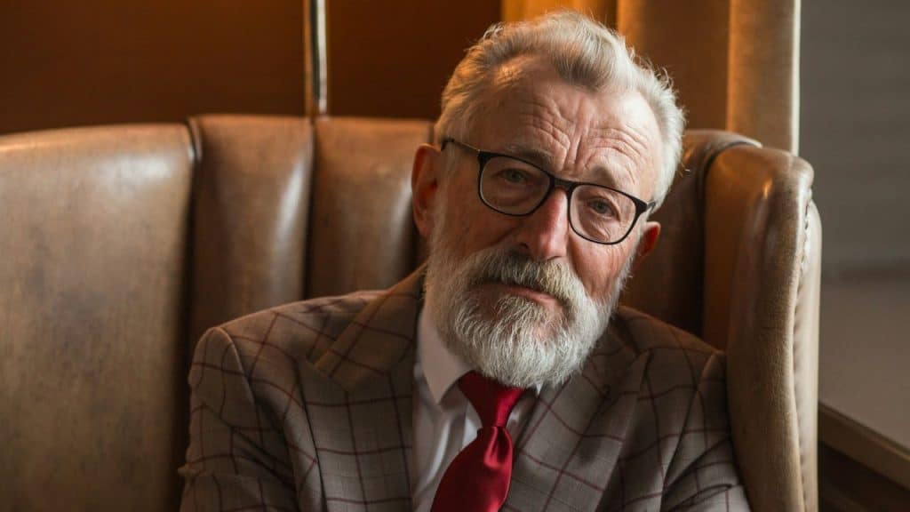 Close-up of elderly man with beard, glasses, plaid suit, and red tie.