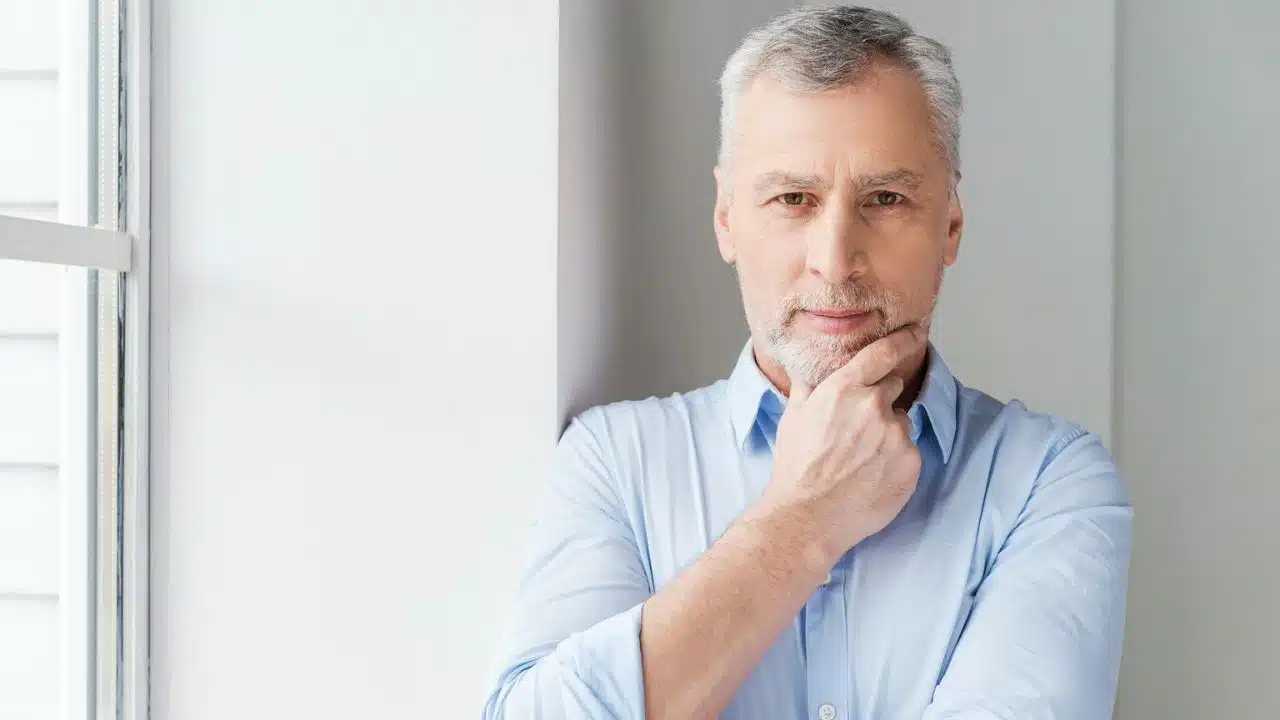 A middle-aged man with gray hair is posing by a window with his hand on his chin.