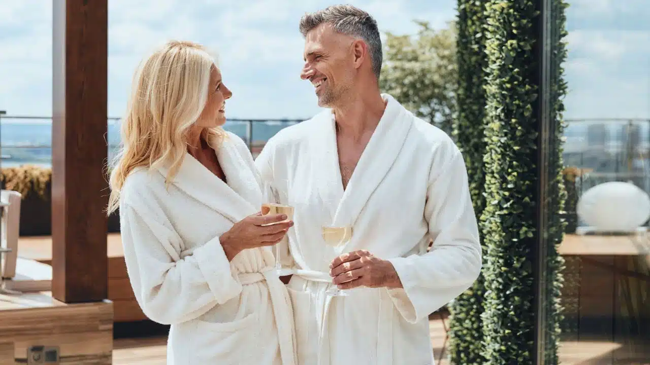 A smiling middle-aged couple in white robes is holding champagne glasses outdoors.