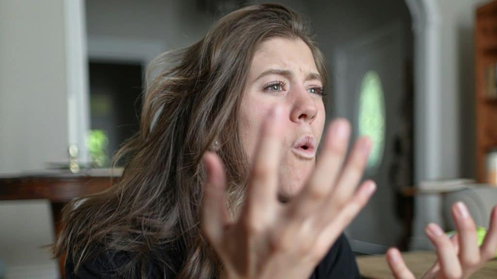 Brown-haired woman mid-sentence with mouth open and hands gesturing emphatically indoors.