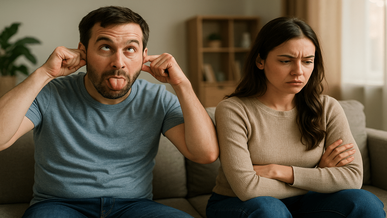 A man making faces while his wife is upset
