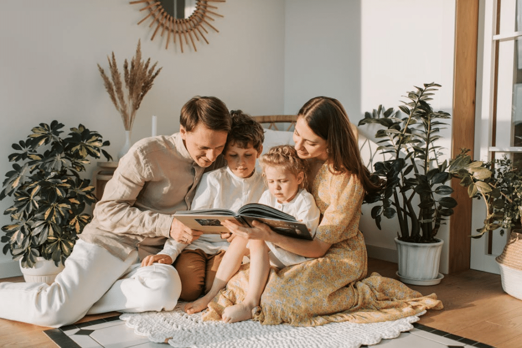 A family reading a book