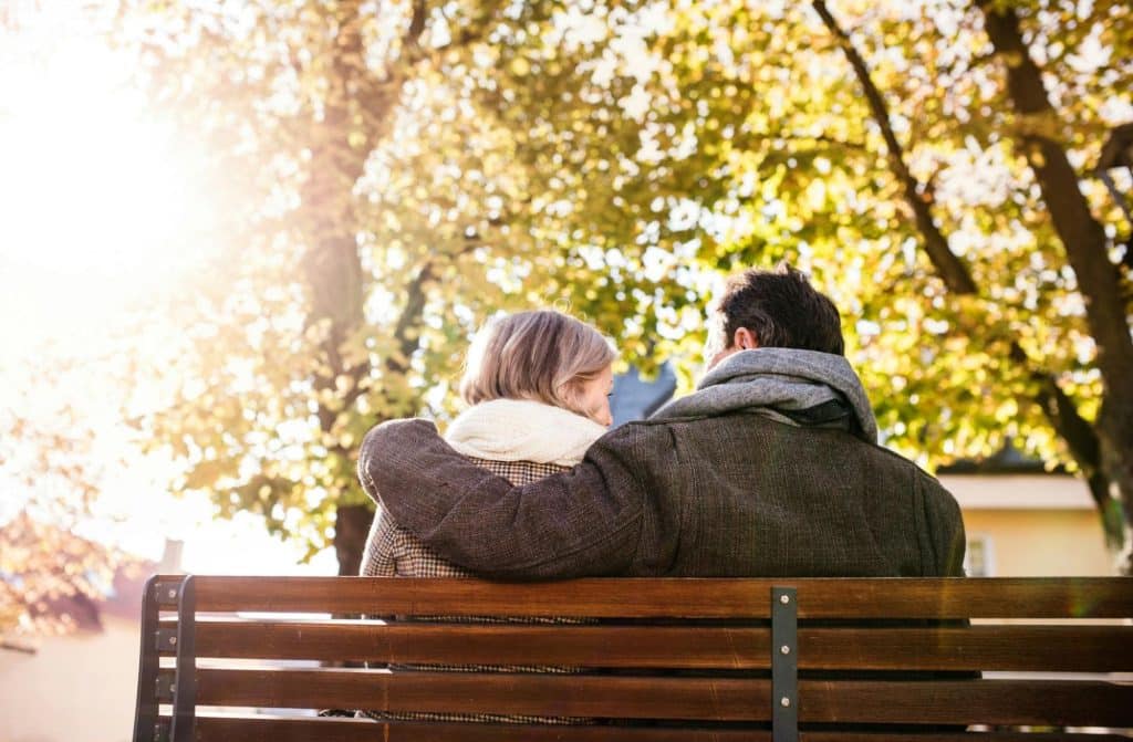 A couple sitting at the bench