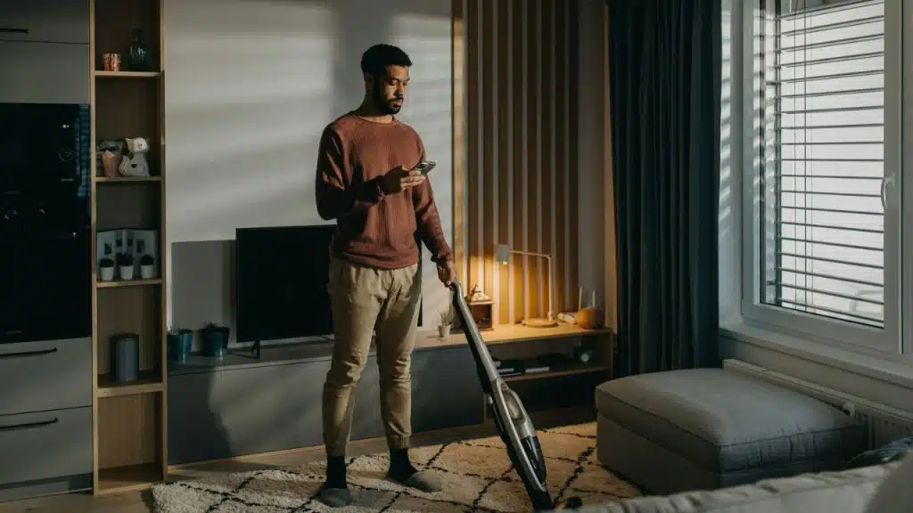 Man standing in a sunlit living room, holding a vacuum cleaner and looking at his phone.
