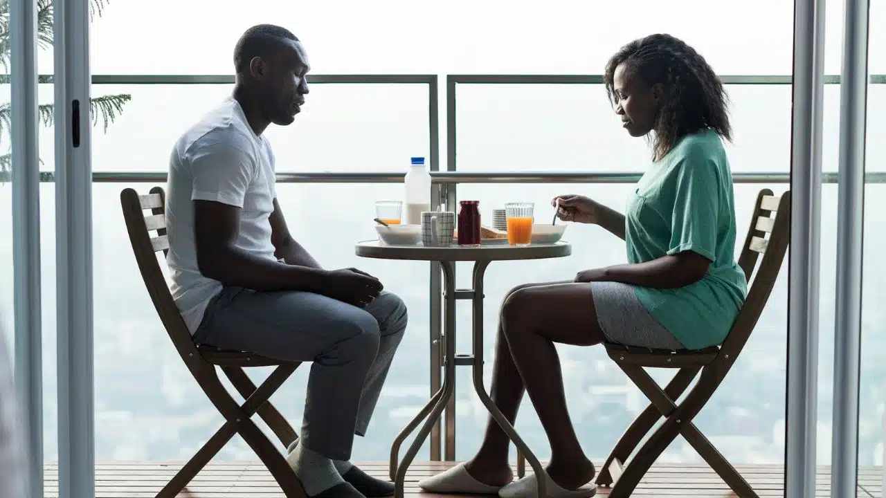 A couple sitting across a small table on a balcony with drinks and food.