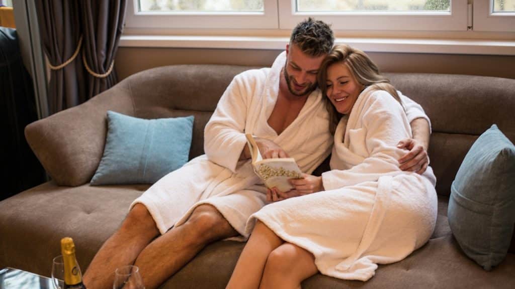 A young couple sitting on the couch in bathrobes.
