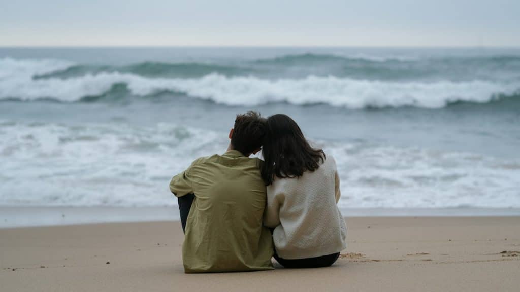 A man and a woman sitting on a sandy beach.