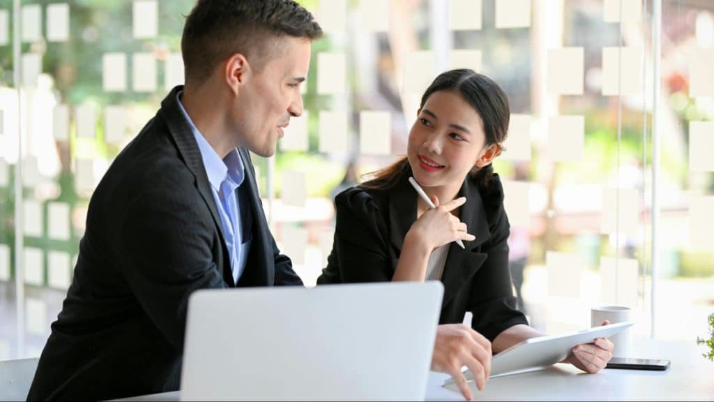 A man and woman talking