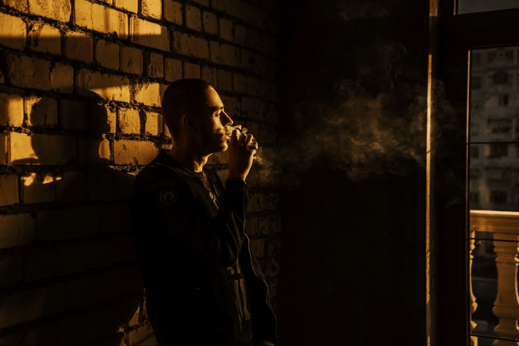 Man smoking and leaning on a wall