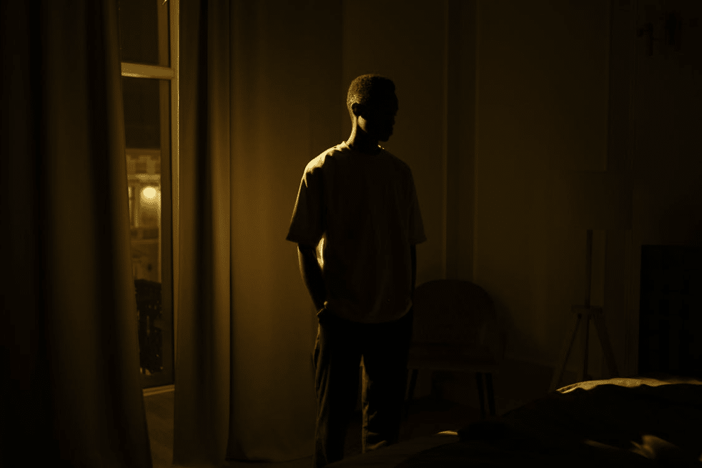 A man standing near the window in a dark room