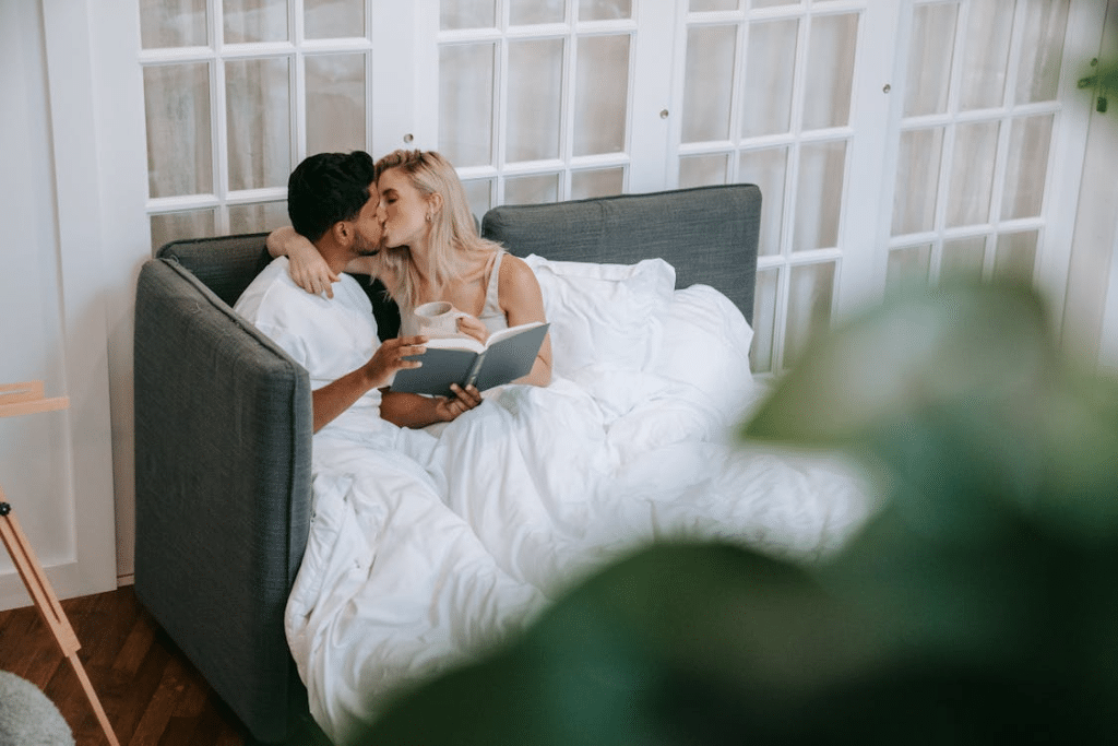 A couple sitting on a couch