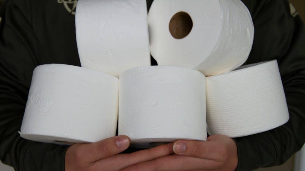 Close-up of a person holding an armful of five rolls of white toilet paper.