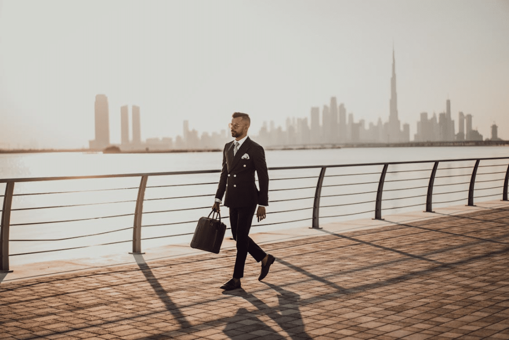 A man walking on the pavement