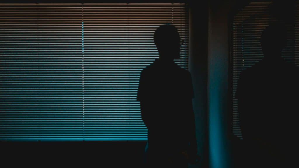 Silhouette of a person standing by a window with closed horizontal blinds.