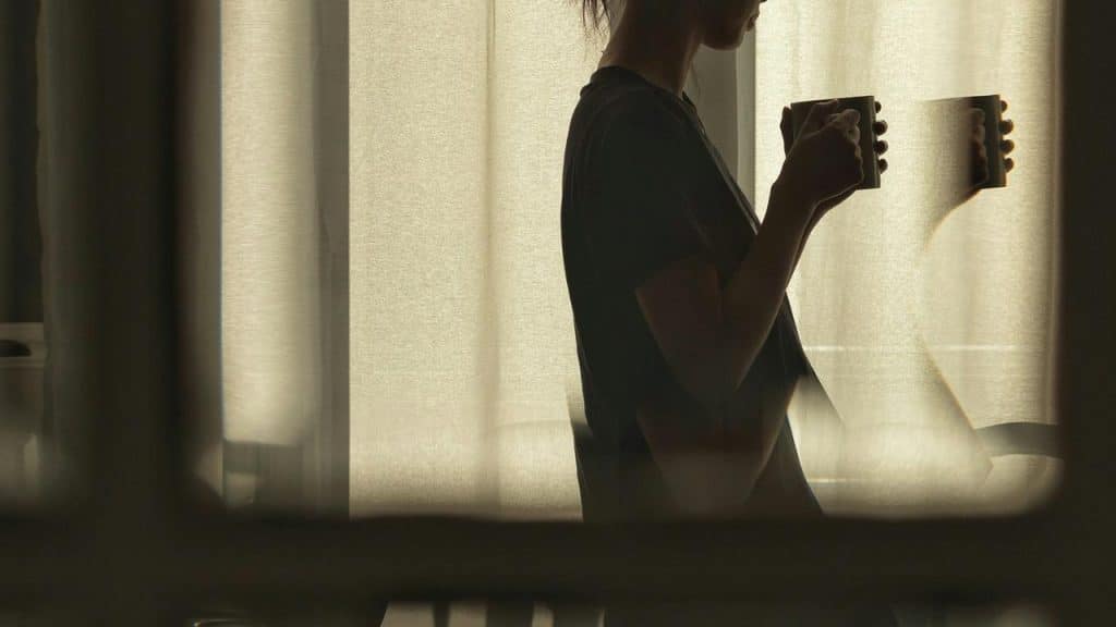 A silhouette of a person holding a mug near a softly lit window.