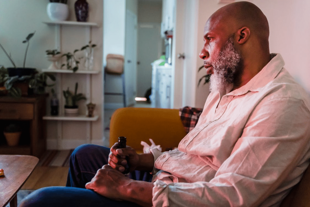 Man Sitting on Sofa in Apartment