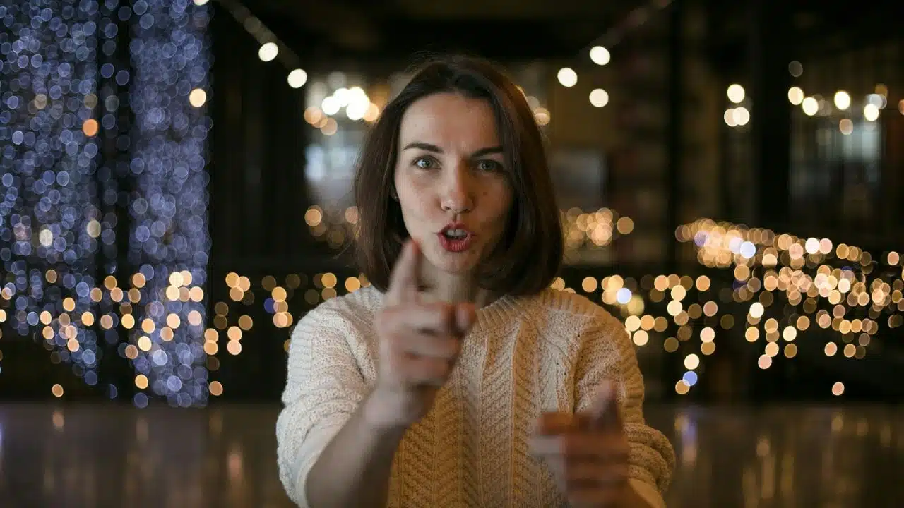 A woman in a cream sweater points forward with both hands against a blurred background of lights.
