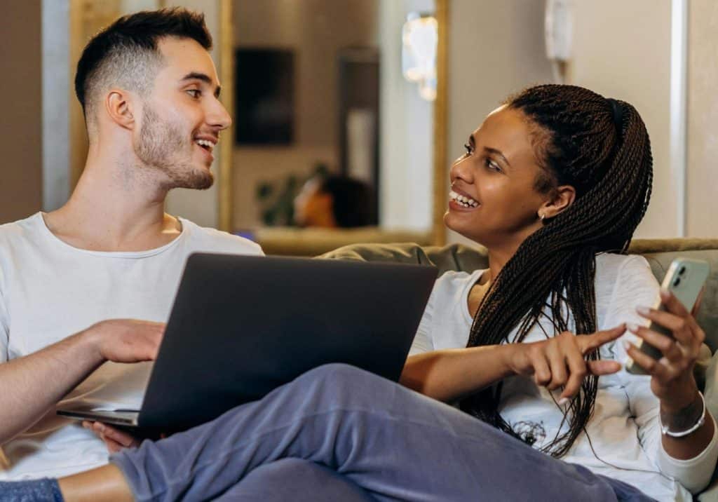 A man and woman looking at each other