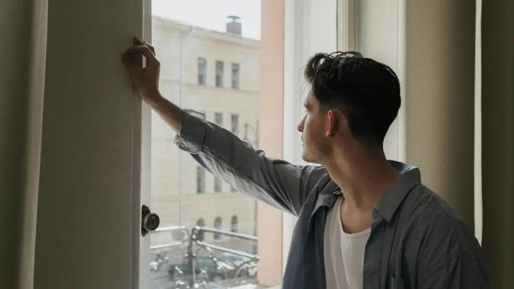 A man looking out a window while holding the frame.