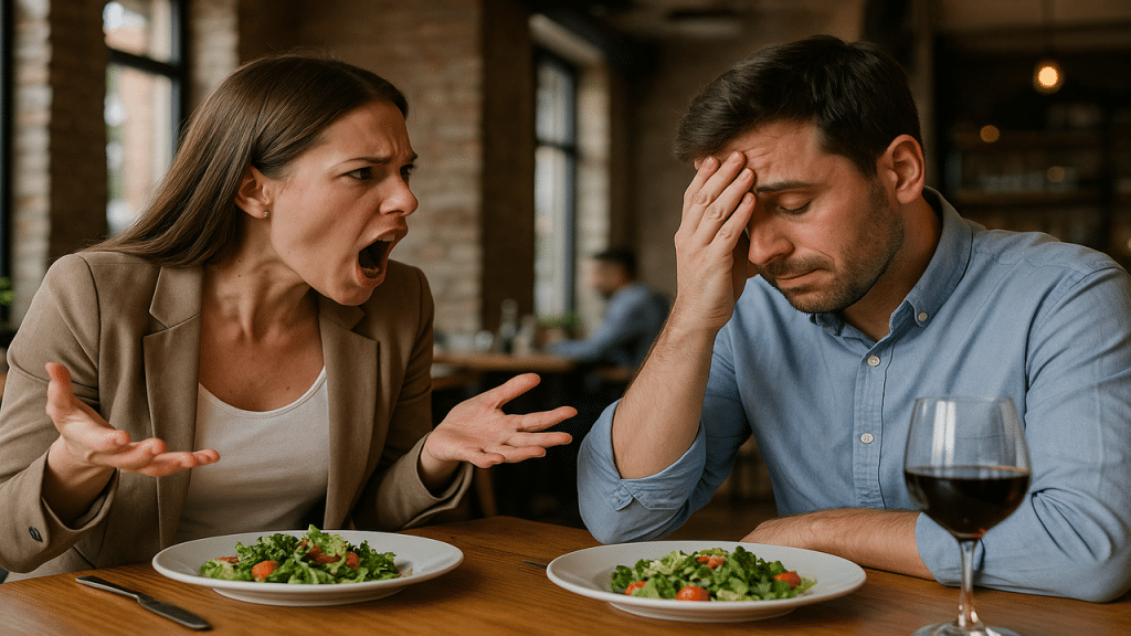 A woman yelling at her husband in a restaurant