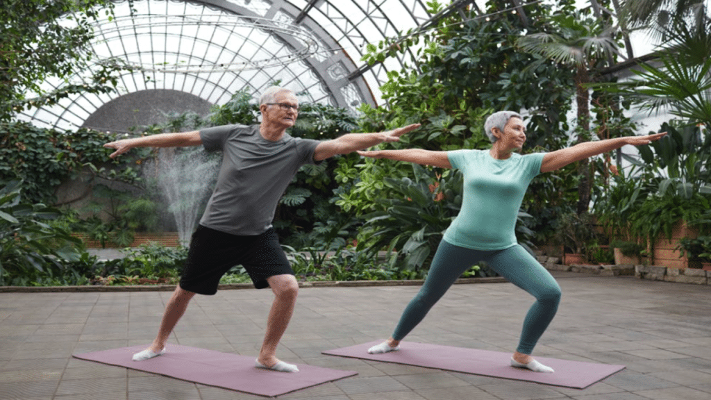 A couple practicing yoga