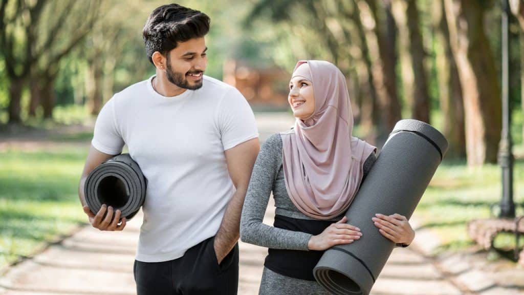 A cheerful Arabian couple in sport clothes looking at each other while standing at Green City Park.