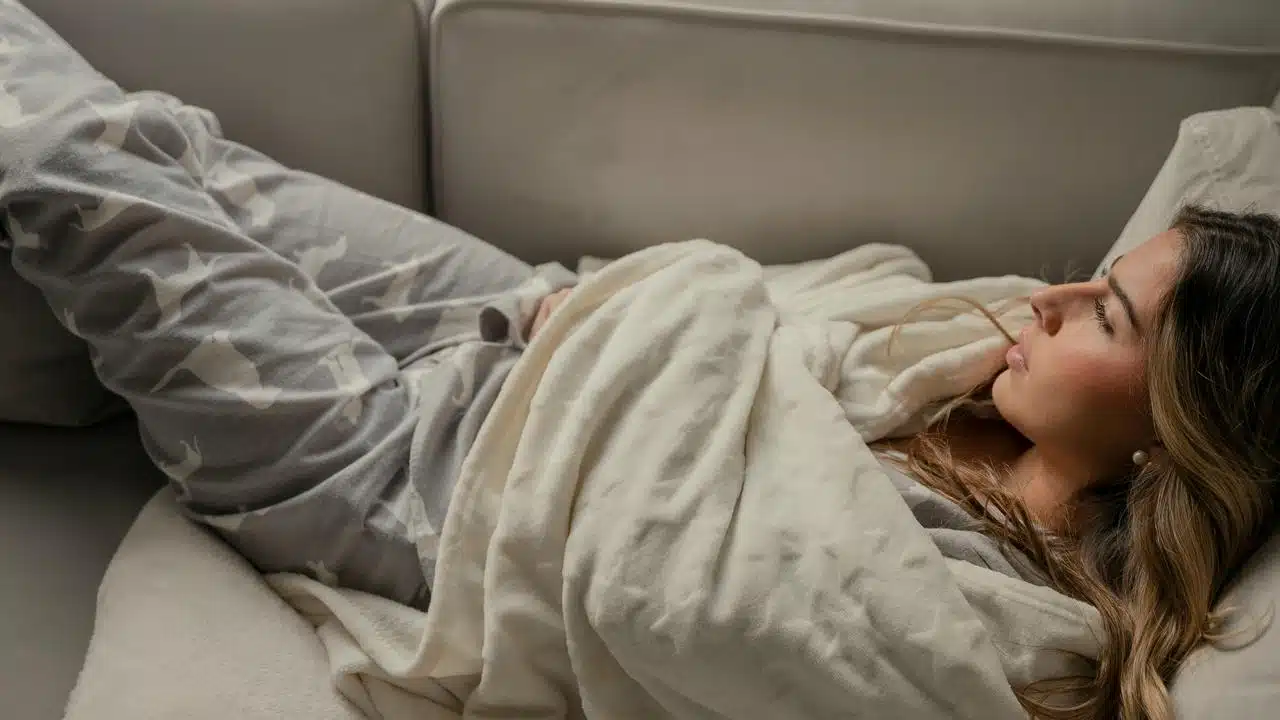 A woman lying on a couch wrapped in a blanket.