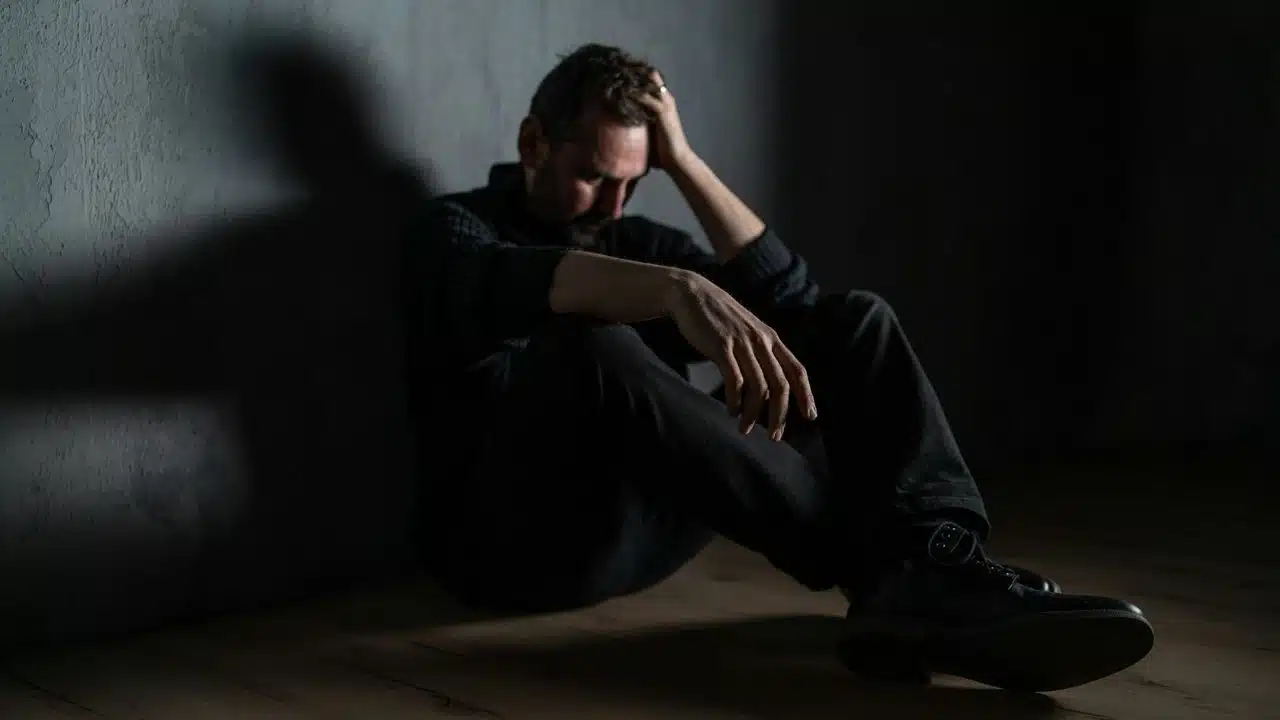 A man sitting on a floor in the dark, looking down, with his hand on his head.