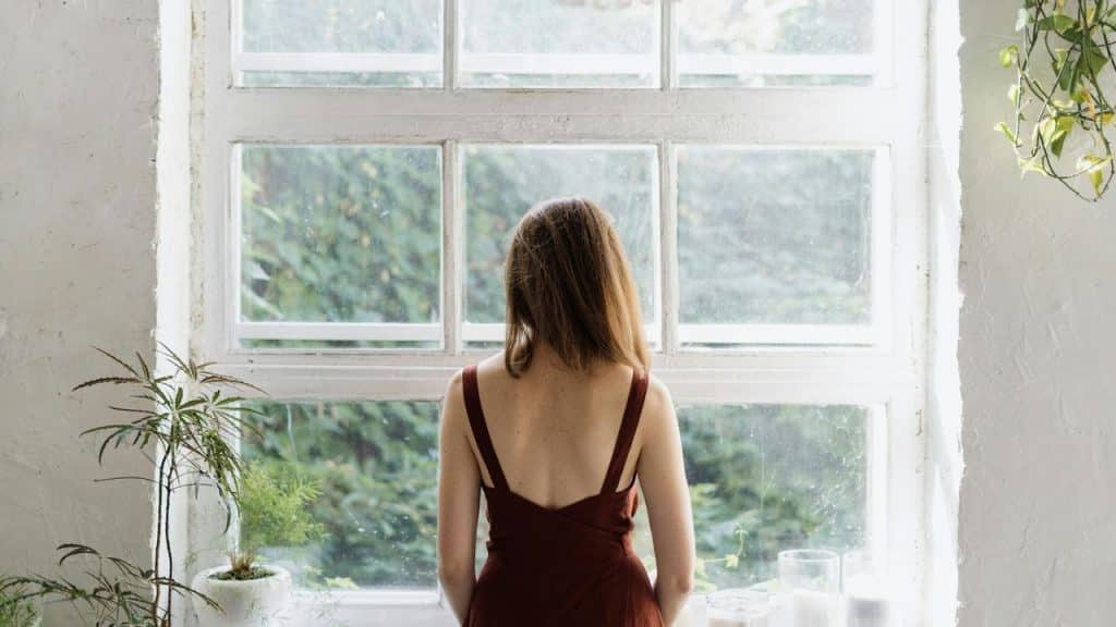 A woman in a red dress standing by a window looking outside.