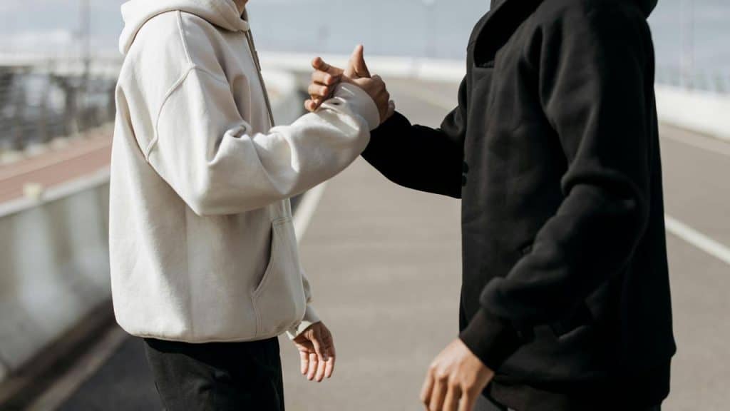 A pair of people wearing hoodies greeting each other with a handshake.
