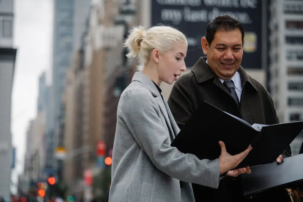 A man and a woman in a city