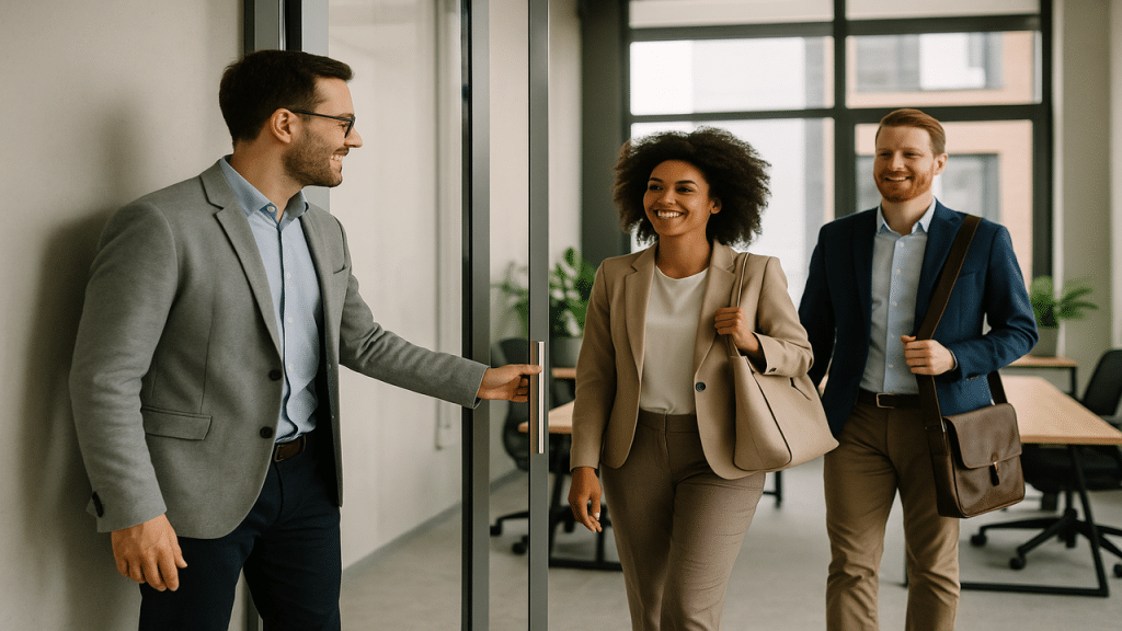 A man opening the door for his colleagues