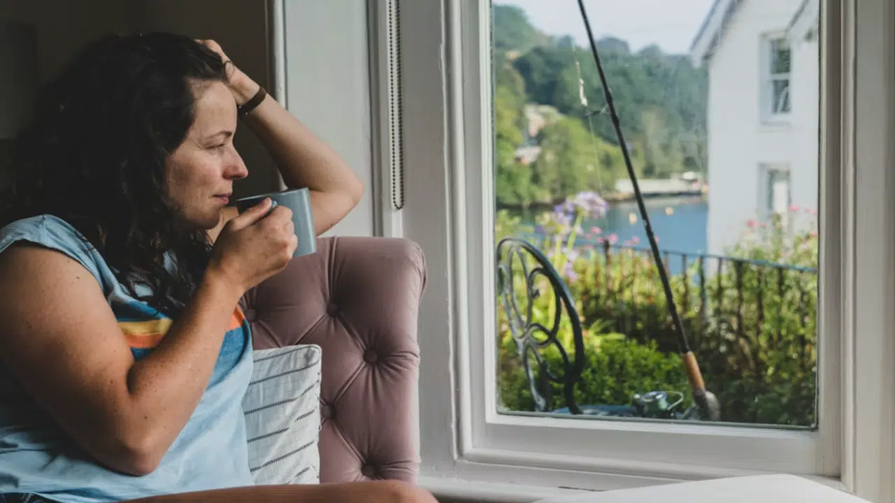 A woman having coffee by herself at home 