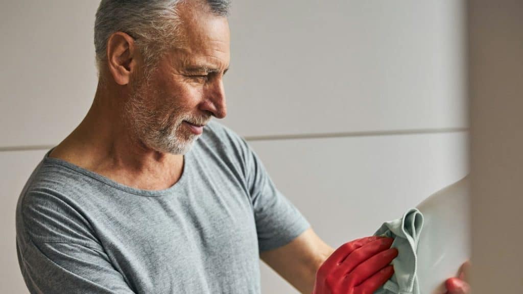 Smiling older man in a gray shirt and red gloves cleans a white object with a blue cloth.